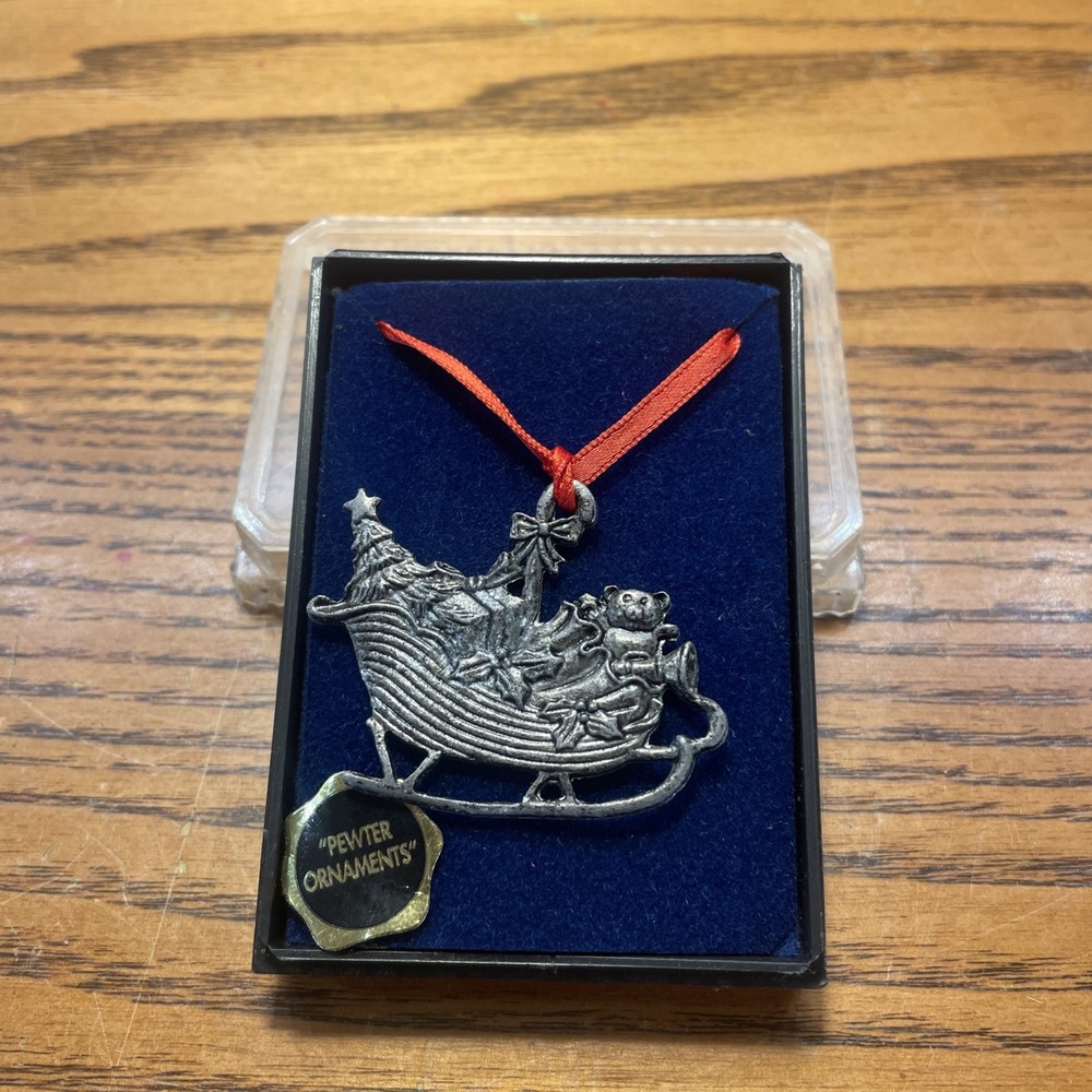 Vintage Pewter Christmas Ornament Sleigh With Presents And Tree Red Ribbon